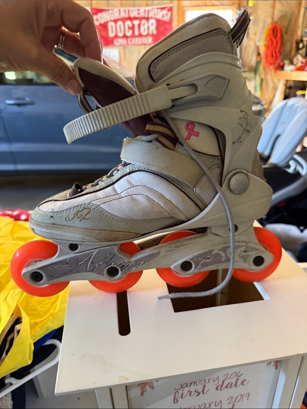Athena Women's Inline Skates - Gray with Pink Ribbon and Orange Wheels